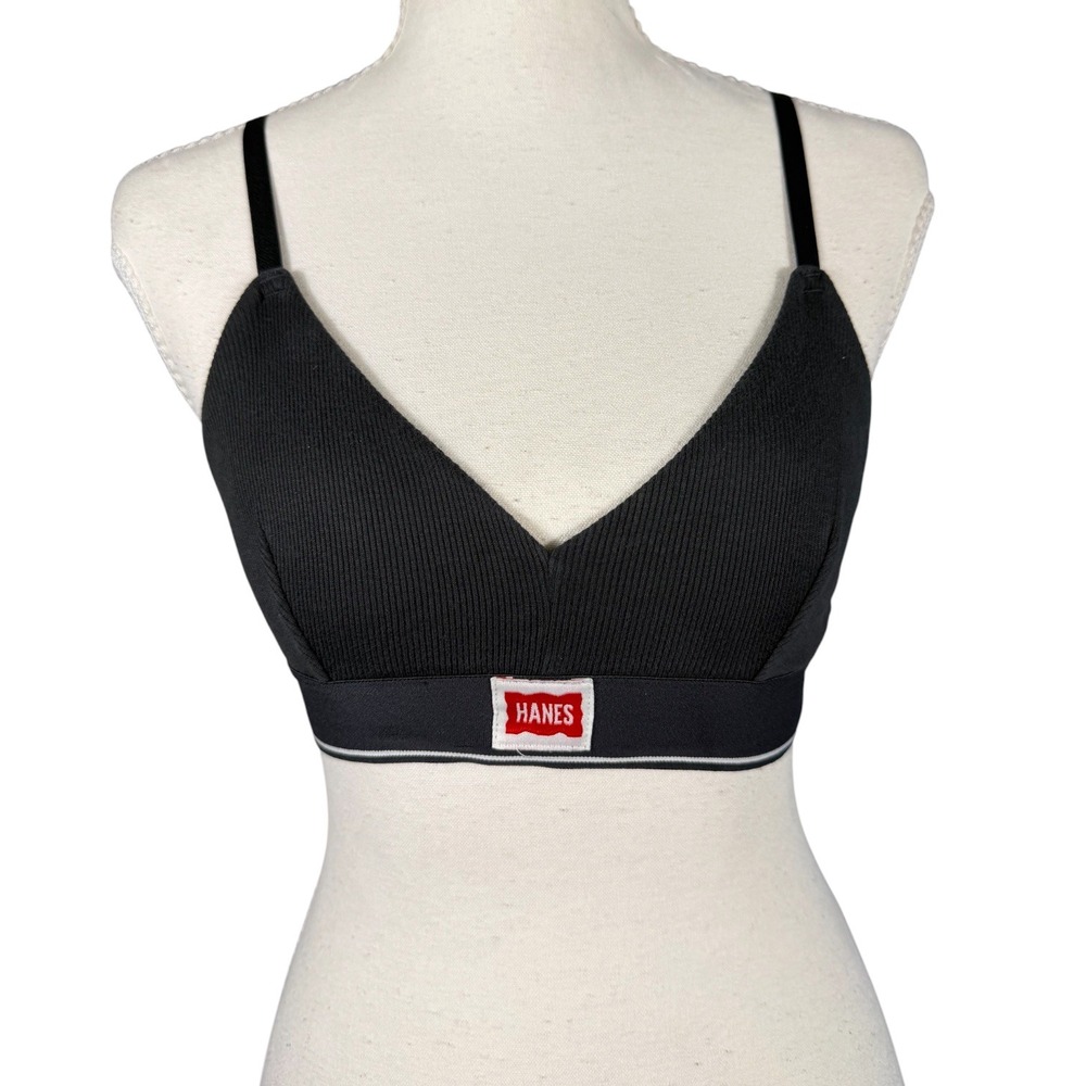 Hanes Ribbed Bralette Womens Small Black Wireless Logo Elastic Triangle Bra